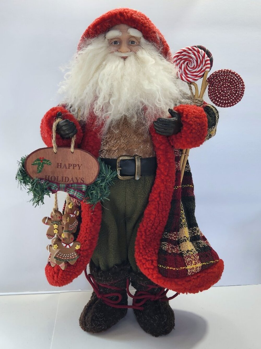 Old World Santa Claus Dressed in Woven Plaid Red Green Hooded Coat 18" Tall